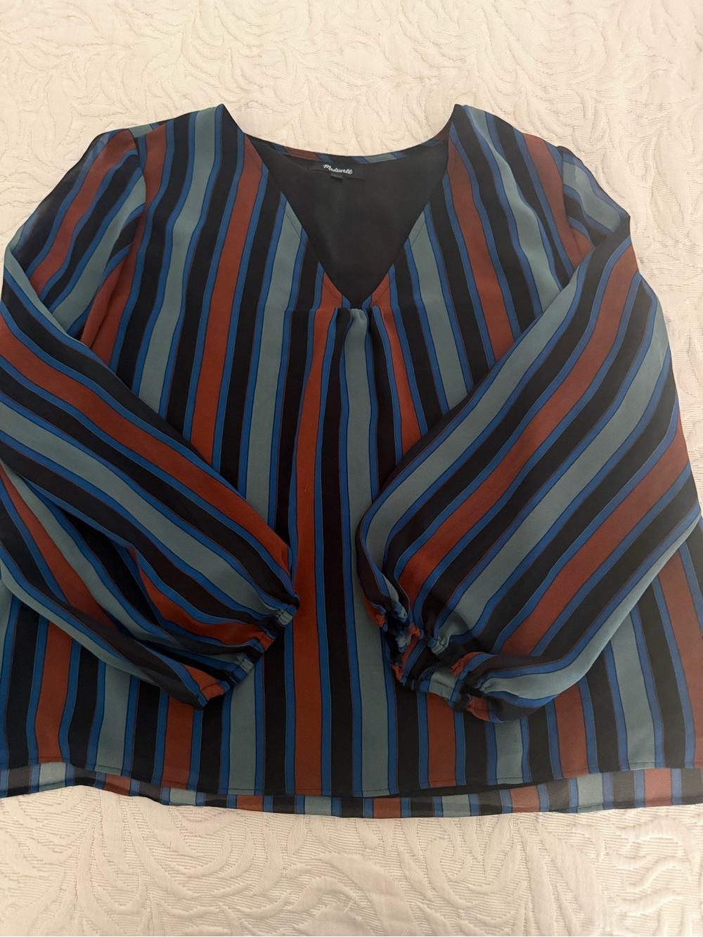 Madewell Striped V-Neck Blouse in Blue and Rust